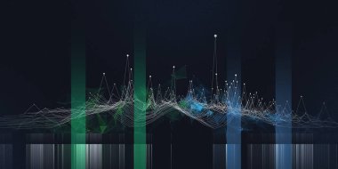 Noktalardan karanlığa kadar kaotik çizgilerle soyut arkaplan gürültüsü grafiği. Sanal uzayda birleştirme teknolojisi veri kavramı. Büyük Data. İş, bilim ve teknoloji veri analizleri için pankart.