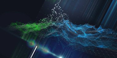 Soyut arkaplan şebekesi çokgen kablo grafiği ve koyu mavi üzerinde bulanık çizgileri olan noktalar. Sanal uzayda teknoloji grafik konsepti. Büyük Data. İş, bilim ve teknoloji afişi. 