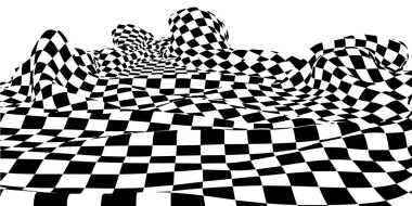 Eğri şekilli siyah kuarklı soyut vektör dalgalı yüzey. Beyaz pankart için siyah dama. 