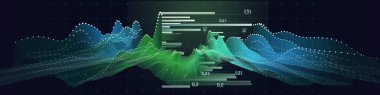 Noktalardan ve bulanık veri çizgilerinden beyaz çizgilerle soyut arkaplan renk grafiği. Sanal uzayda birleştirme teknolojisi veri kavramı. Büyük Data. İş, bilim ve teknoloji veri analizleri için pankart.