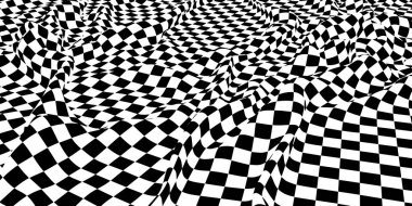 Soyut vektör arkaplan kaotik dalga yüzeyi ve eğri şekilli siyah kareler. Beyaz üzerine siyah dama.