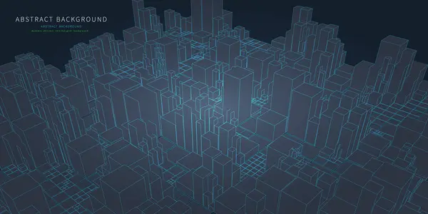 抽象的な低ポリワイヤーフレームキューブ テクノロジー都市のようなグループ 接続された線と長方形 混沌としたボックス構造の概念 ビッグデータ — ストックベクタ