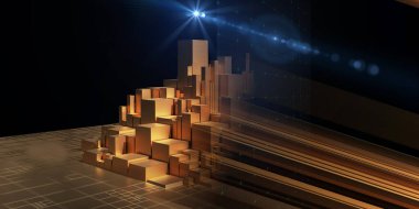 Kutulardan gelen soyut arkaplan kablosu ve ışıkla bulanık çizgiler. Teknoloji kablo konsepti sanal veri kutusu. İş, bilim ve teknoloji veri analizleri için afiş. Büyük Veri.