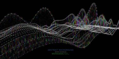 Siyah noktalardan soyut arkaplan renk grafiği dalgalı çizgileri. Teknoloji konsepti sanal veri sesi. İş, bilim ve teknoloji veri analizleri için afiş. Büyük Veri.