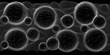 Siyah baloncuklu soyut arkaplan dalgaları ızgarası. Vektör illüstrasyonu.