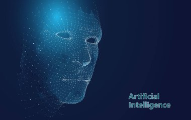 Noktalardan soyut insan yüzü çizimi. Yan görünüm 3D ızgara yüz arkaplanı. Vektör illüstrasyonu.