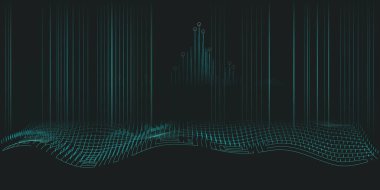 Bulanık çizgilerden analitik olarak soyut arkaplan grafiği ve koyu renk üzerinde dalgalı ızgara.