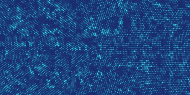Soyut arkaplan kaotik boyutta mavi pikseller. Dikdörtgen şeklindeki mozaik gradyan rengi ve gürültü tasarımı. Vektör İllüstrasyonu.