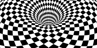 Beyaz üzerine soyut siyah satranç deseni. Torus yüzeyinde optik doku etkisi. Vektör İllüstrasyonu. Pürüzsüz radyal.