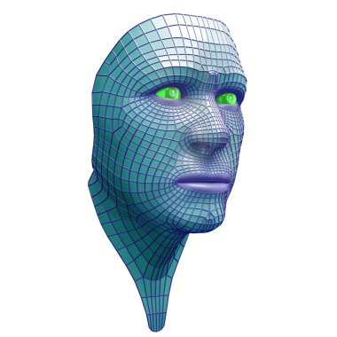 İnsansı robot adamın mavi yüzünün soyut fütüristik üç boyutlu çizimi. Yapay zeka kavramı insan formu. İnsan formu ızgarası izole.