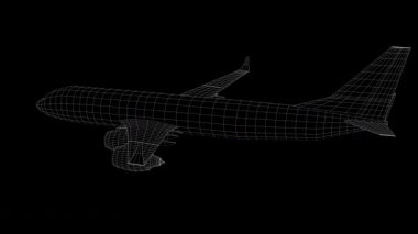 Şebeke beyazından kalkan uçak siyah arka planda dönüyor. 3D uçak konsepti dijital teknoloji.