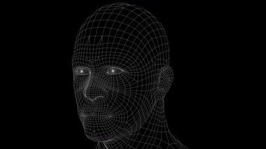 Soyut fütüristik 3D insan kafasını döndürür. Dijital teknolojiyi, yapay zekayı ve bilimi kavra.