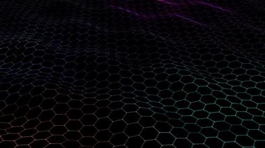 Soyut teknoloji 3D renkler, altıgen kabartma. Arka planda siyah dijital siberuzaydaki noktalar ve çizgiler ile hareket halindeki şebeke. Dalgalı altıgen ağ.