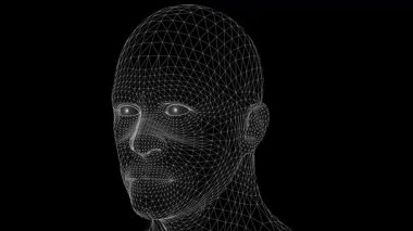 Soyut fütüristik 3D insan kafasını döndürür. Dijital teknolojiyi, yapay zekayı ve bilimi kavra.