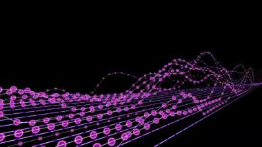 Grup mor 2D çizgileri karanlıkta dalgalı. Ses ve grafik dalgaları konsepti. Kavisli çizgi film çizgileri olan soyut bir arkaplan. Döndürülebilir canlandırma.