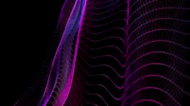 Karanlık arkaplanda dalga ızgarası üçgenlerinde dijital veri içeren soyut bir arkaplan. Siber kuantum sürekliliğindeki dinamik dalgaları kavra. Teknoloji, bilim ve veri görselleştirme için. 3d canlandırma