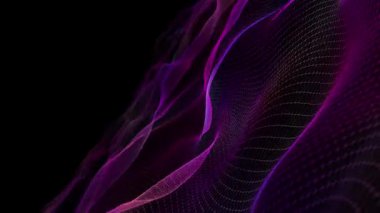 Karanlıkta şebeke moru olan gelecekten gelen dalga hareketi. Dijital teknoloji kavramı. Büyük veri. Soyut gürültülü yüzey kablosu.