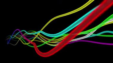 Gruplar halinde renkli çizgiler oluşturuluyor. Ses ve grafik dalgaları konsepti. Kavisli çizgileri olan soyut bir arkaplan. Döndürülebilir canlandırma.