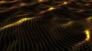 Soyut üçgen ızgara su dalgalarını üç boyutlu görüntüle. Tel çerçeve, dijital verinin altın ağını dalgalandırıyor. Soyut geleceksel arkaplan.