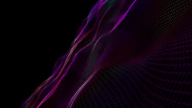 Koyu arkaplanda dalgalı ızgara rengi olan soyut bir arkaplan. Siber kuantum sürekliliğindeki dinamik dalgaları kavra. Teknoloji, bilim ve veri görselleştirme için. 3d canlandırma.
