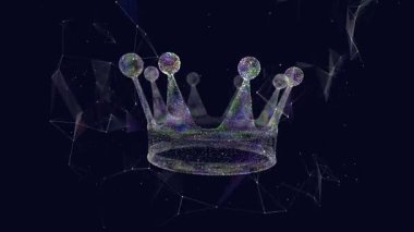 Soyut taç karanlıkta dönüyor. Noktalardan ve hareketli parçacıklardan oluşan üçgen bir ağ. 3B görüntüleme döngüsü canlandırması.