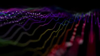 Karanlıktaki grafiklerin 3 boyutlu animasyon renkli çizgileri. Finans ve iş kavramı. Canlandırılmış grafik dalgaları.