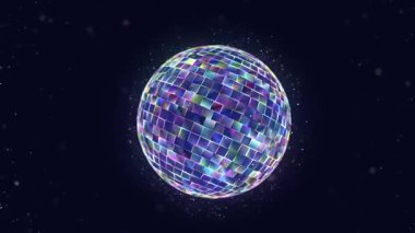 Soyut çokrenkli disko topu siyaha göre döner. Renk parçacıkları canlandırma görüntüleriyle 3B oluşturma.