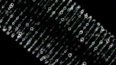 Karanlıkta dikey silindir üzerine soyut fütüristik grafik bilgisi. Karmaşık Büyük Veri Analiz İşlemi. Döngü animasyonu. Dijital yapay zeka teknolojisi bilgi kulesi.