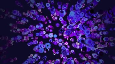 Uçan daireler ve gruplar halinde gösterilen soyut bir arkaplan. Parlak mor noktalar devasa boyutlarda hareket ediyor. Noktaların hareketi sırayla dalgalanıyor.