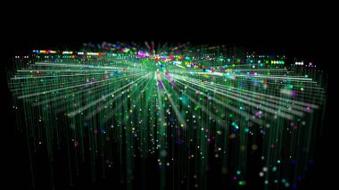 Karanlıkta disk alanına soyut fütüristik grafik bilgisi. Karmaşık Büyük Veri Analiz İşlemi. Dijital yapay zeka teknolojisi bilgi akışı DOF.