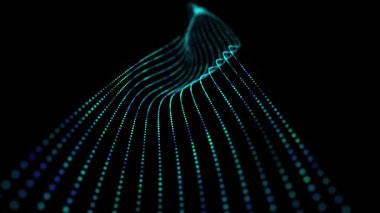 Karanlık siberuzaydaki noktalardan gelen fütürist arka plan dalgalı çizgiler. Dijital teknoloji konsepti veri analizi. DOF mor parçacıkları olan soyut dalga. Büyük veri.