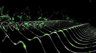 Geleceksel arkaplan şebekesi kuantum hesaplaması poligonların bozuk verileriyle dolu wevy satırlarındaki noktalardan. Dijital teknoloji konsepti siber uzayda bayt kaybetti. Büyük veri.