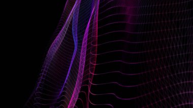 Ağ üçgenleriyle soyut arkaplan karanlık siber uzayda dalgalanıyor. Siber kuantum sürekliliğindeki dinamik veri analizini kavra. Teknoloji, bilim ve veri görselleştirme için DOF