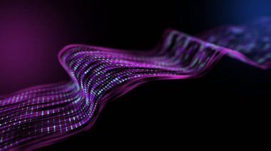 Dalgalı akış kuantum hesaplamasına ait büyük verileri noktalar. Dalgaların renk şebekesi siber uzayı içindeki teknoloji iletim bilgileri. Karanlıkta gelecekçi dijital veri akışı. 