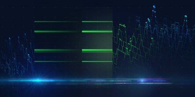 Gürültülü şebeke verilerindeki çizgi ve noktalardan soyut arkaplan renk grafiği. Teknoloji kavramı sanal veri. İş, bilim ve teknoloji veri analizleri için afiş. Büyük Veri.