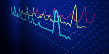 Mavi üzerindeki grafik çizgilerinin soyut arkaplan monitörü. Teknoloji konsepti analitik veriler. İş, bilim ve teknoloji veri analizleri için afiş. Büyük Veri.