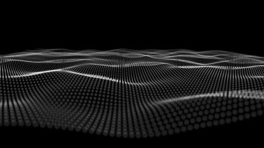 Küçük noktalı fonografik dalga hareketi. Dijital teknoloji konsepti. Beyaz parçacıklar ve DOF ile soyut dalga. Büyük veri.