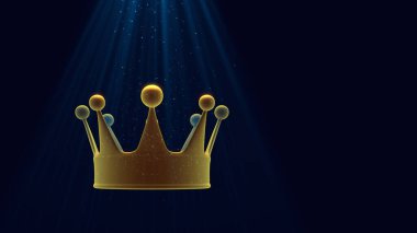 Karanlıkta tacın soyut üç boyutlu çizimi. Cilt ışığını parçacıklarla aydınlatma altındaki geleceksel güç sembolünü kavra.