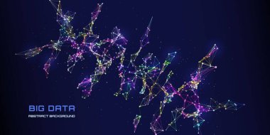 Karanlık siberuzaydaki çokrenkli çokgenlerden gelen soyut şebeke fütüristik veri ağacı. Noktaları birleştiren teknoloji kablosu. Büyük Veri.