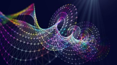 Karanlık siberuzaydaki renk çokgenlerinden soyut ızgara sarmallar. DNA şekilli kablo bağlayıcı çemberler. 3d biçimlendirme geleceksel renk ızgarası.