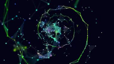 Karanlık siberuzaydaki çokrenkli çokgenlerden gelen soyut ızgara fütüristik veri twistimg sarmalı. 3D görüntüleme. Noktaları birleştiren kablolar dönüyor. Büyük Veri