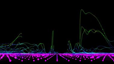Karanlıktaki grafiklerin 3 boyutlu animasyon renkli çizgileri. Finans ve iş kavramı. Canlandırılmış grafik gürültülü.