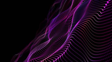 Karanlık siberuzaydaki noktalardan gelen fütürist arka plan dalgalı çizgiler. Dijital teknoloji konsepti veri analizi. Büyük veri. Mor parçacıklı soyut dalga. 