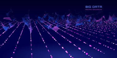 Noktalardan gelen fütüristik arkaplan çizgileri kuantum hesaplama ve karanlık hakkında kırılan çokgenler. Dijital teknoloji konsepti siber uzayda bayt kaybetti. Büyük veri.