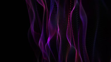 Karanlık siberuzaydaki noktalardan gelen fütürist arka plan dalgalı çizgiler. Dijital teknoloji konsepti veri analizi. Mor parçacıklı soyut dalga. Büyük veri.