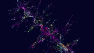 Karanlık siberuzaydaki çokrenkli çokgenlerden gelen soyut şebeke fütüristik veri ağacı. 3D görüntüleme. Büyük Veri. Dönen kablo şekli noktaları birleştirir.