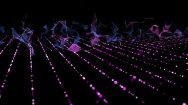 Geleceğe ait arka plan şebekesi kuantum hesaplaması poligonların bozuk verileriyle dolu satırlardaki noktalardan. Dijital teknoloji konsepti siber uzayda bayt kaybetti. Büyük veri.