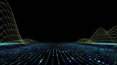 Renk çizgileri ve noktalardan gelen ses grafik verileri ile soyut analitik arkaplan. Analitik algoritmalar. Büyük veri. Kuantum kriptografi konsepti. İş, bilim ve teknoloji afişi.