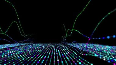 Renk çizgileri ve noktalardan gelen ses grafik verileri ile soyut analitik arkaplan. Analitik algoritmalar. Büyük veri. Kuantum kriptografi kavramı. 