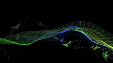 Dalgalı renk ızgaralı soyut teknoloji arka planı. Analitik veri algoritmaları. Konsept hesaplanıyor. İş, bilim ve teknoloji afişi. Büyük Veri.